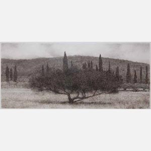 Greek landscape painting. Olive and cypress trees in a field. Title: Olive Tree in Field