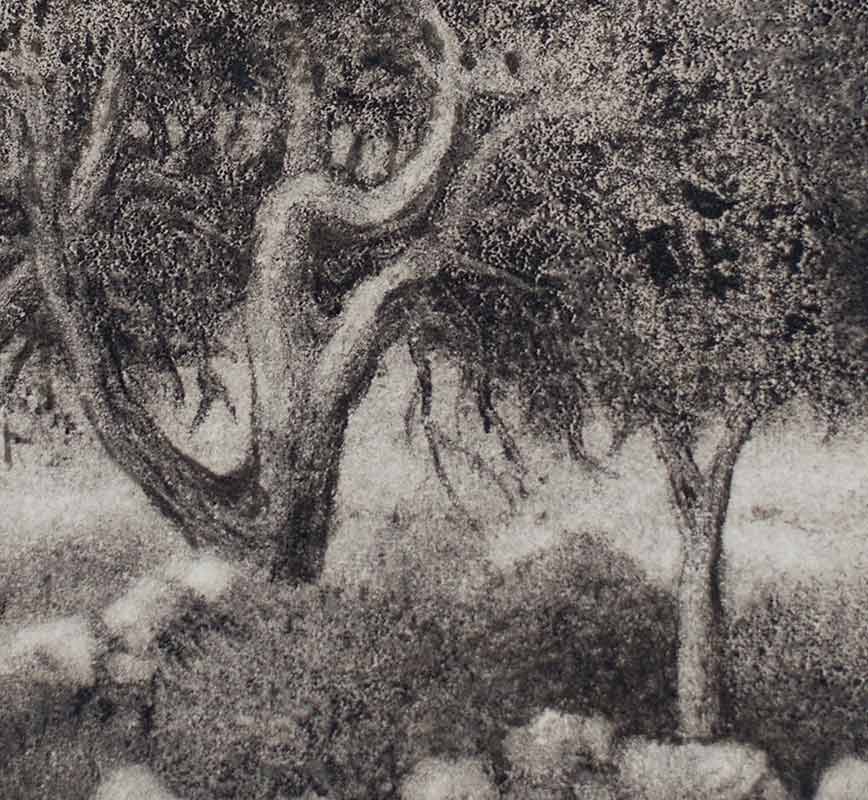 Detail of a Greek landscape painting. Wild olive atrees in a field. Title: Tree