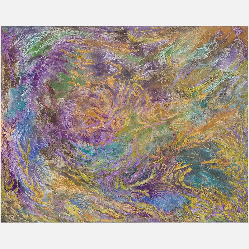 Abstract painting with reference to nature by Ruggero Vanni. Mainly purple, green, and yellow colors. Title: Certamen Coloris et Materiae