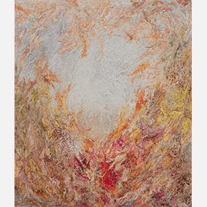 Abstract painting with reference to nature by Ruggero Vanni. Mainly beige and orange colors. Title: Ex Materia Ad Energia. Link to painting's page with detailed images.