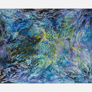 Abstract painting with reference to nature by Ruggero Vanni. Mainly blue, purple, and yellow colors. Title: Glacies Flammae. Link to painting's page with detailed images.