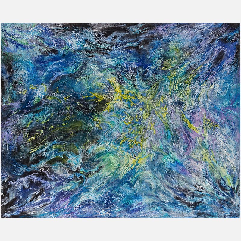 Abstract painting with reference to nature by Ruggero Vanni. Mainly blue, purple, and yellow colors. Title: Glacies Flammae