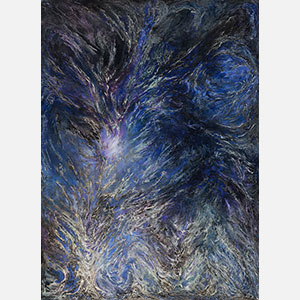 Abstract painting with reference to nature by Ruggero Vanni. Mainly blue and purple colors. Title: Glacies Flammae Noctis. Link to painting's page with detailed images.