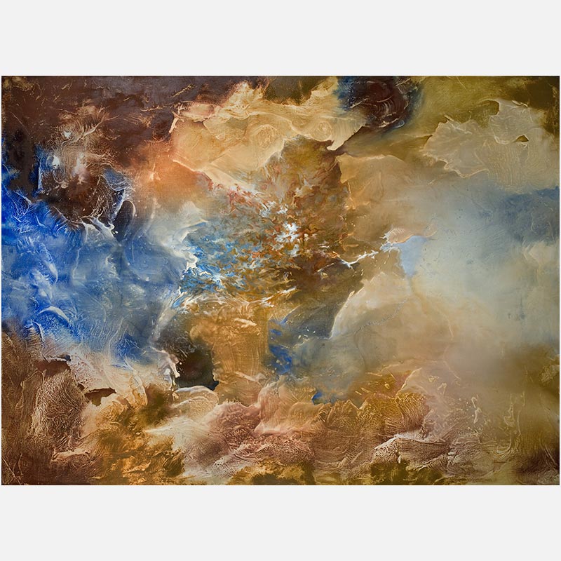 Abstract painting with reference to nature by Ruggero Vanni. Mainly ochre, blue, and brown colors. Title: Aditus Caeli I