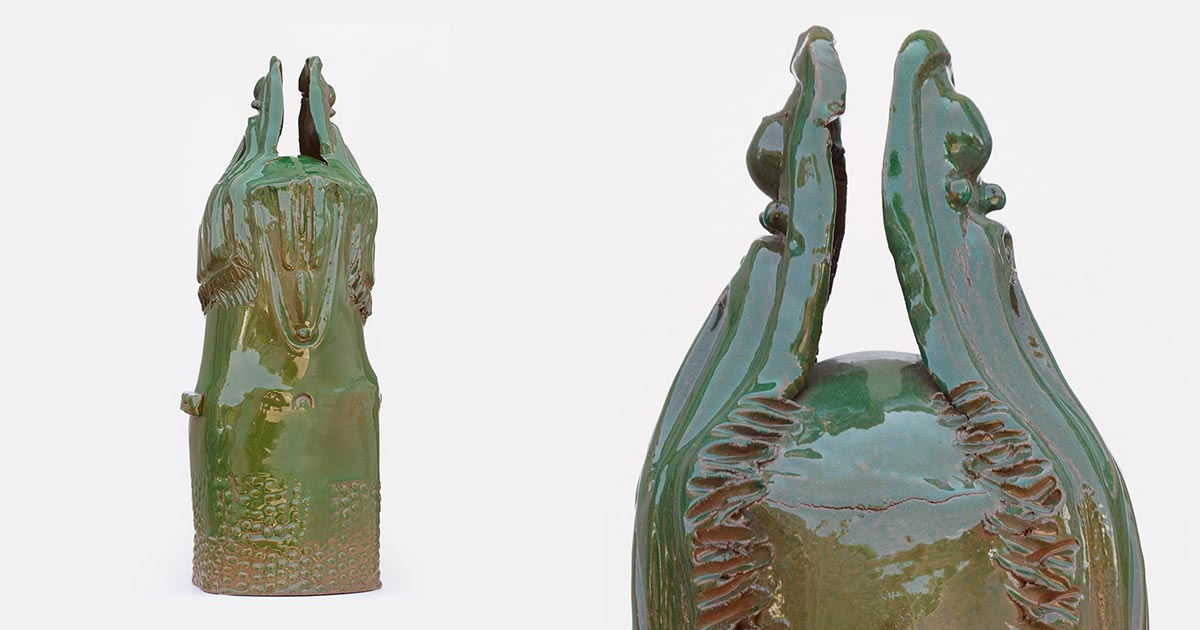 Giorgio Crisafi, Dama Verde, ceramic column with layered relief and luster glaze, full view and detail