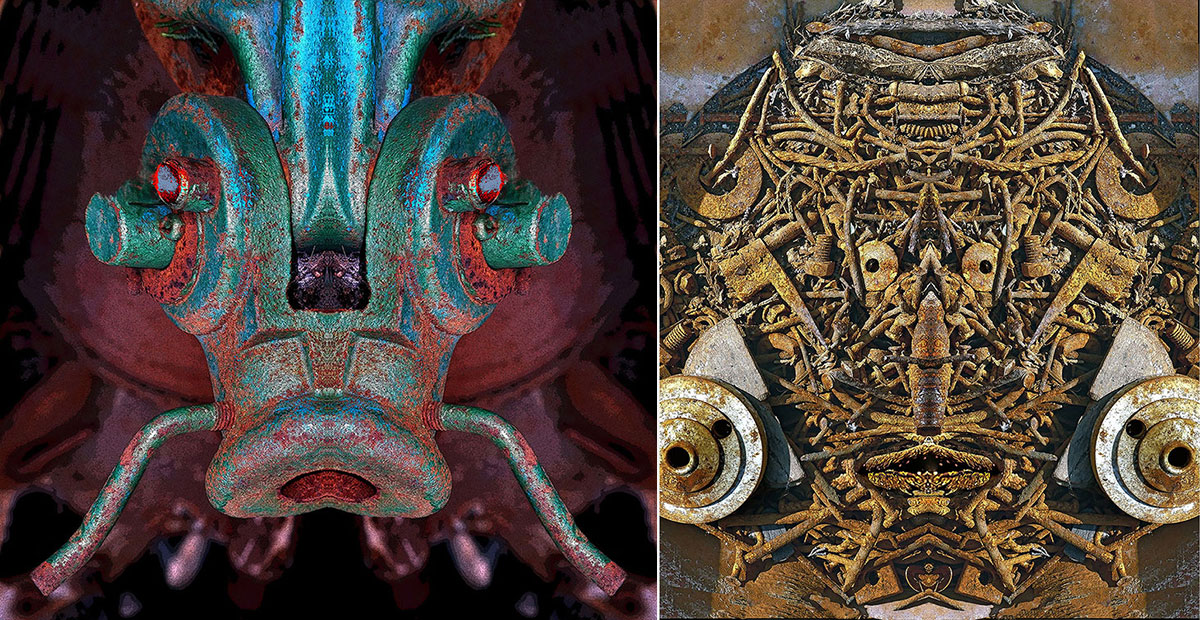 Two works from the Metal family of Enzo Ragazzini's Creature series: faces assembled from rust, corrosion, and industrial abandonment through bilateral mirroring