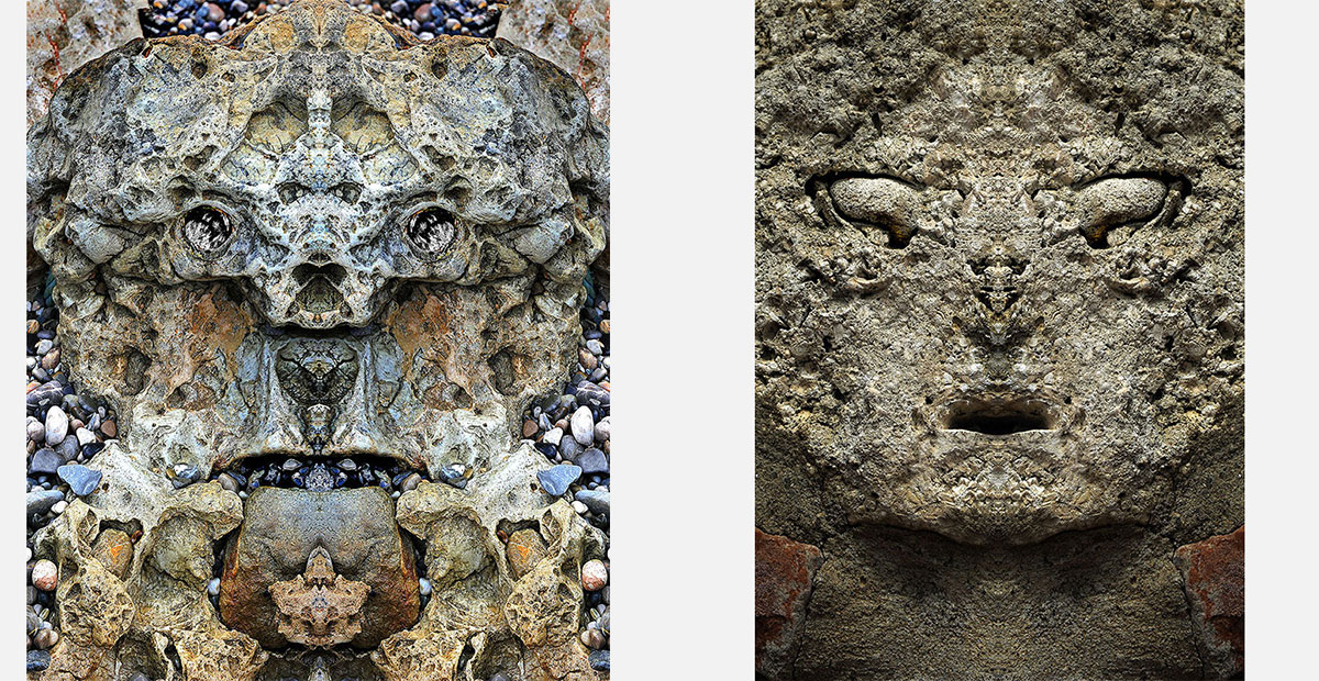 Two works from the Stone family of Enzo Ragazzini's Creature series: faces assembled from geological surfaces through bilateral mirroring