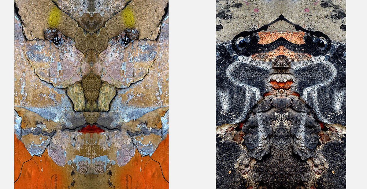Two works from the Walls and Urban Surfaces family of Enzo Ragazzini's Creature series: faces assembled from cracked plaster, graffiti residue, and layered pigment through bilateral mirroring