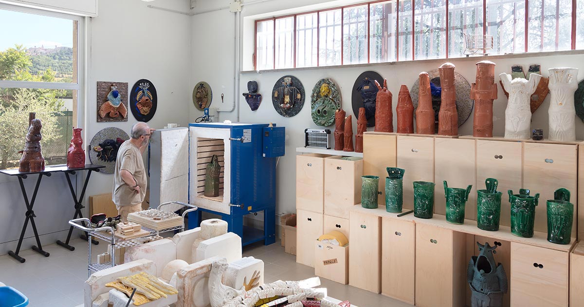 Giorgio Crisafi's ceramic studio in Todi, Umbria, with works in progress