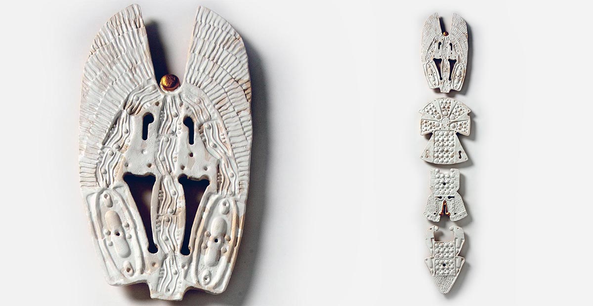 Giorgio Crisafi, Legami XV, ceramic sculpture with luster glaze, full view and detail