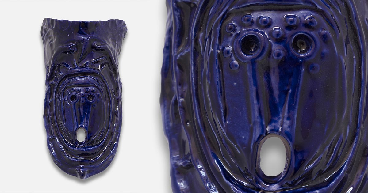 Giorgio Crisafi, Maschera Blu III, ceramic mask with luster glaze, full view and detail