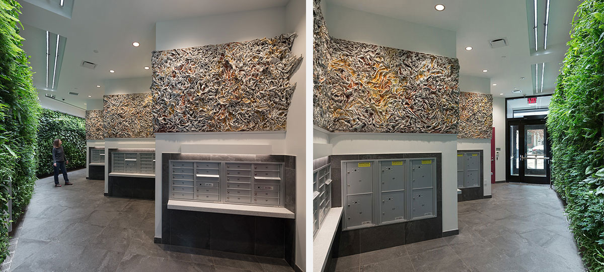 Two views of The Wind Blowing Over the Sea by Ruggero Vanni, a 42-foot high relief commission installed in the lobby of a residential building in Bedford-Stuyvesant, Brooklyn, New York, 2025. Earth pigments on cast recycled cardboard pulp.