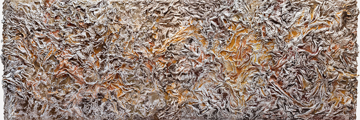 First bay of the 42-foot relief, increasing density of cast form and earth pigment, warmer umber tones emerging as the composition gathers force. Bedford-Stuyvesant, Brooklyn, 2025.