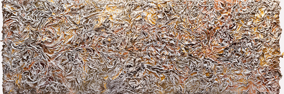 Second bay of the 42-foot relief at maximum relief depth, cast forms turbulent and dense, earth pigments at their most saturated before the work breaks the picture plane. Bedford-Stuyvesant, Brooklyn, 2025.