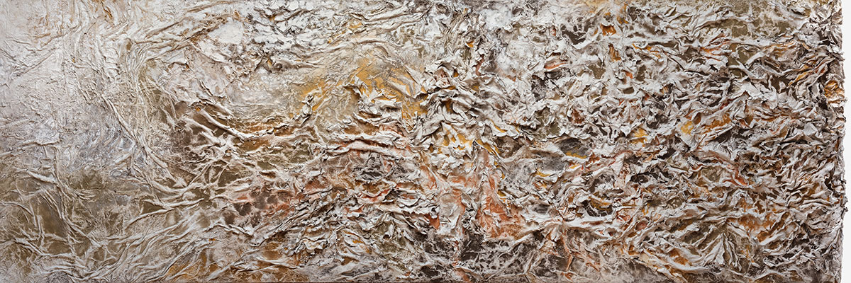 Opening passage of the 42-foot relief, earth pigments on cast recycled cardboard pulp, low modulation, subdued surface, the composition beginning its accumulation. Bedford-Stuyvesant, Brooklyn, 2025.