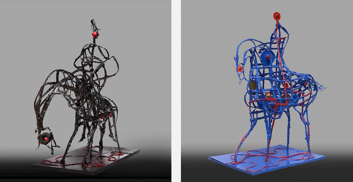 Angelo Canevari, Strutture series: two equestrian open-armature sculptures in black and cobalt blue metallic paint, cardboard resin and metal, from the Strutture series, Arco Gallery