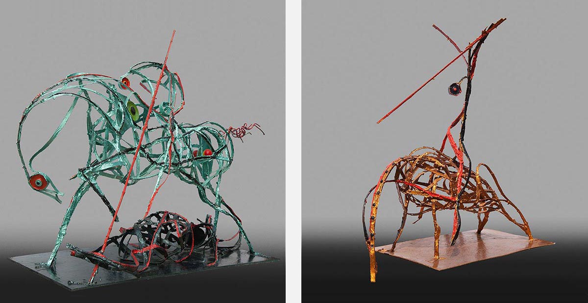 Angelo Canevari, Strutture series: two equestrian open-armature sculptures in green and gold metallic paint, cardboard resin and metal, from the Strutture series, Arco Gallery