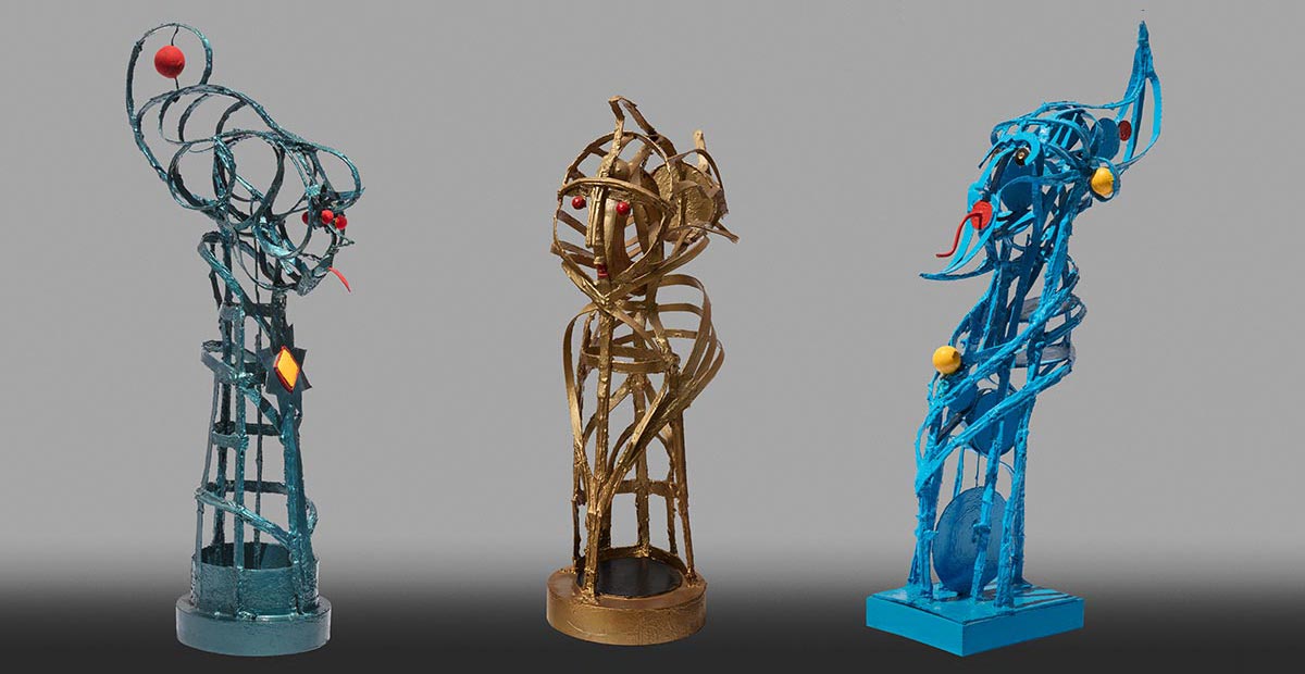 Angelo Canevari, Strutture series: three bust open-armature figures in green, gold and blue metallic paint, cardboard resin and metal, from the Strutture series, Arco Gallery