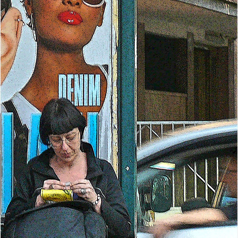 Detail of a Color photograph of people waiting at a bus stop in Rome by Enzo Ragazzini. Mainly red, black, white colors. Title: Waiting for Godot - Rome, Bus Stop with Vogue Ad I