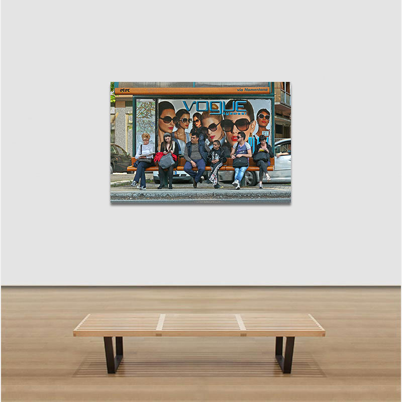 View in a room of a Color photograph of people waiting at a bus stop in Rome by Enzo Ragazzini. Mainly red, black, white colors. Title: Waiting for Godot - Rome, Bus Stop with Vogue Ad I