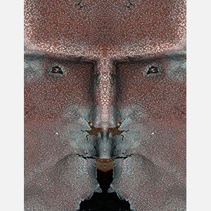 Perceptual fine art photograph by Enzo Ragazzini in which the rusted pitted surface of a metal sheet yields through mirroring a face of startling precision that refuses to resolve into anything identifiable. Mainly oxidized silver, earthen red colors. Title: Creature - Metal III. Link to the artwork's dedicated page featuring high-resolution detailed images, full info, and an in-depth analysis of its artistic significance.