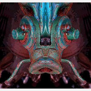 Perceptual fine art photograph by Enzo Ragazzini in which corroded machinery yields through mirroring a strange mechanical heraldic figure with vivid turquoise and red oxide. Mainly turquoise, red oxide, dark mechanical gray colors. Title: Creature - Metal IX. Link to the artwork's dedicated page featuring high-resolution detailed images, full info, and an in-depth analysis of its artistic significance.