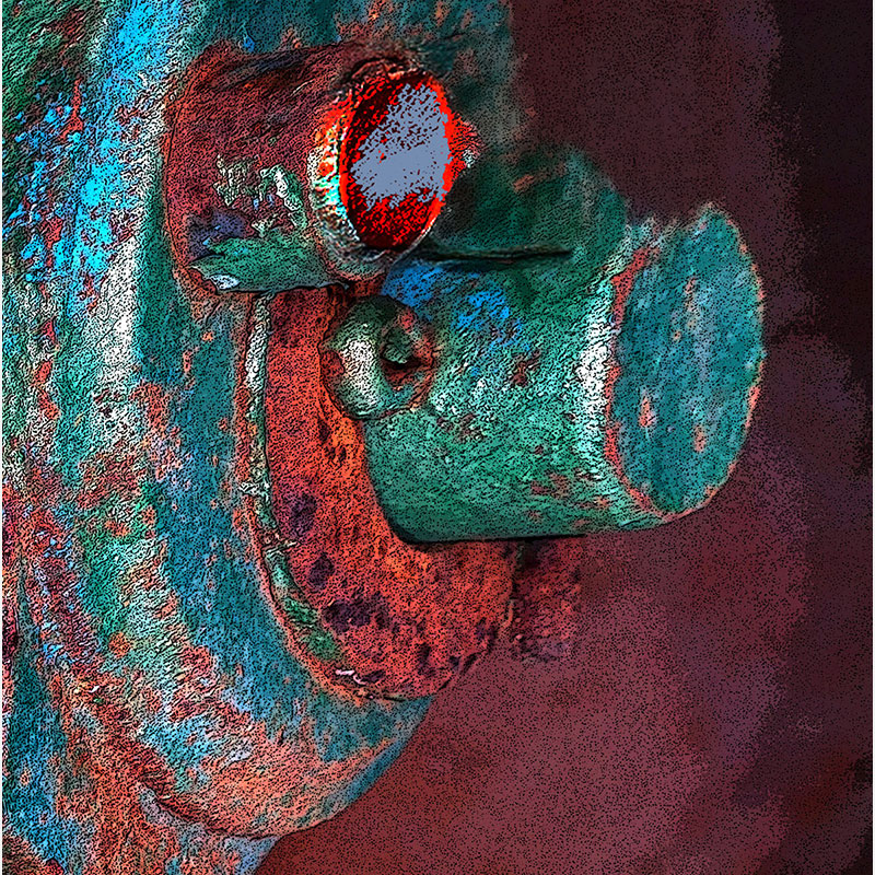 Detail of Perceptual fine art photograph by Enzo Ragazzini from the Creature series: Creature - Metal IX (2014), a mirrored surface activating pareidolia