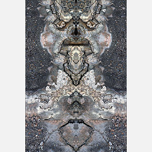 Perceptual fine art photograph by Enzo Ragazzini in which cracks and graffiti traces on a muted beige wall resolve through mirroring into a faded sentinel mask. Mainly muted beige, gray, moss colors. Title: Creature - Wall I. Link to the artwork's dedicated page featuring high-resolution detailed images, full info, and an in-depth analysis of its artistic significance.