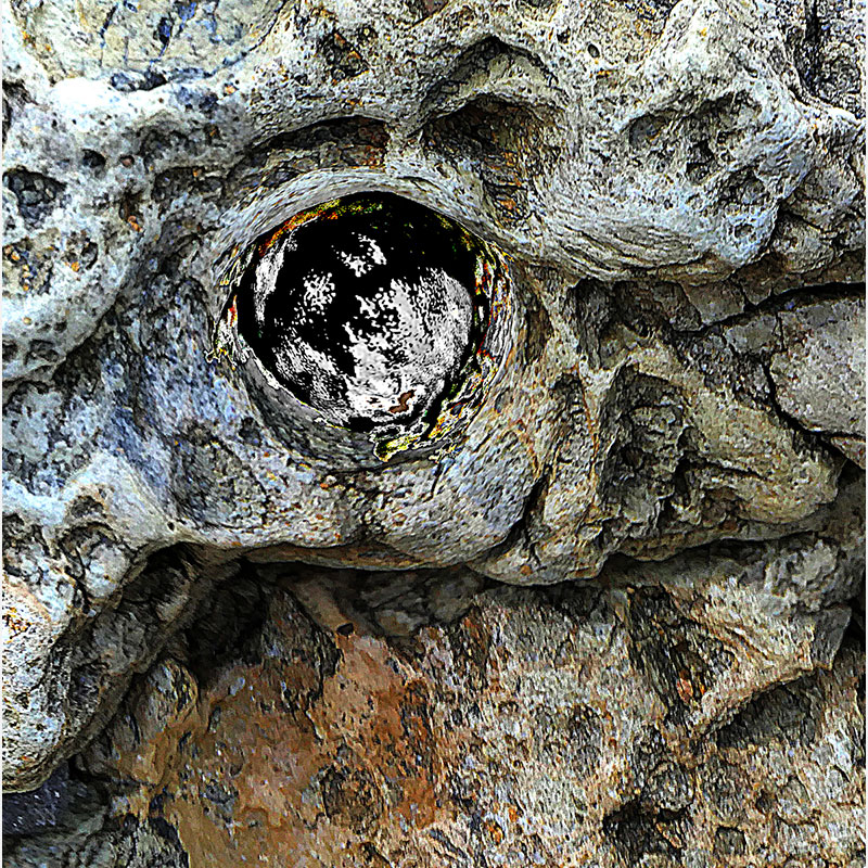 Detail of Perceptual fine art photograph by Enzo Ragazzini from the Creature series: Creature - Stone VII (2014), a mirrored surface activating pareidolia