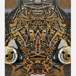 Perceptual fine art photograph by Enzo Ragazzini in which rusted nails washers and corroded metal fragments fused by time resolve through mirroring into a hollow-eyed spectral face. Mainly earthy red, deep gray, corroded brown colors. Title: Creature - Metal IV. Link to the artwork's dedicated page featuring high-resolution detailed images, full info, and an in-depth analysis of its artistic significance.