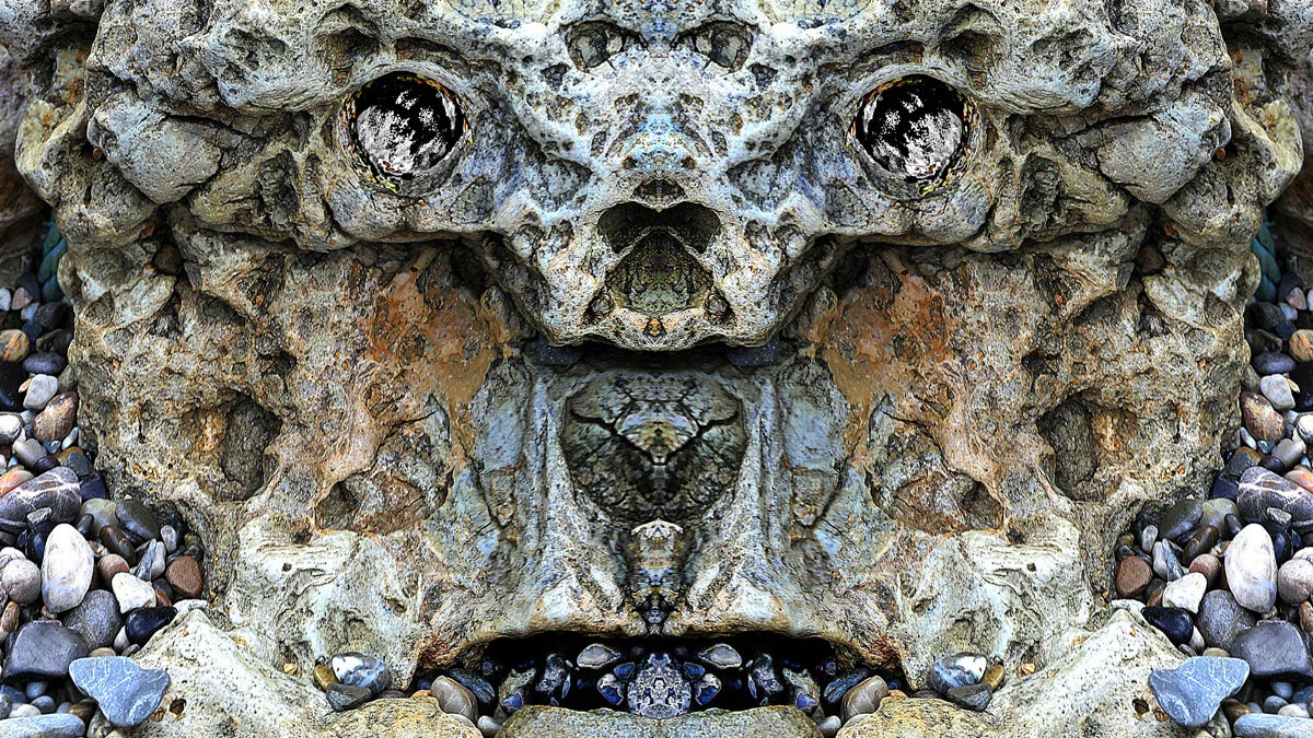 Photograph from Enzo Ragazzini's CREATURE series in which a mirrored surface activates pareidolia, a face assembling itself from stone, bark, or corroded metal through bilateral symmetry