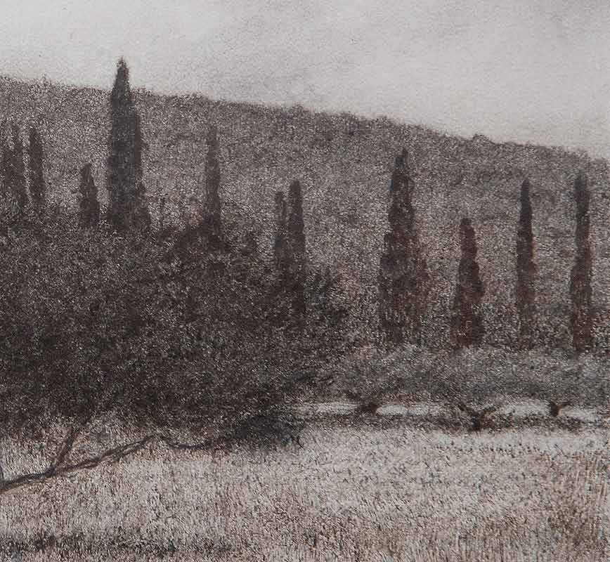 Detail of a Greek landscape painting. Olive and cypress trees in a field. Title: Olive Tree in Field