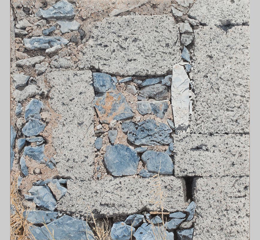 Drawing of a detail of a rock wall. Title: Wall Detail with Stone-filled Window