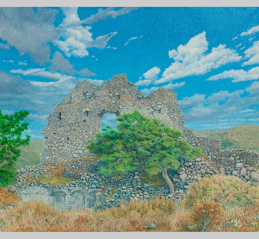 Landscape painting of a ruined wall with pine tree. Title: Ruined Wall at Paliochora with Tree
