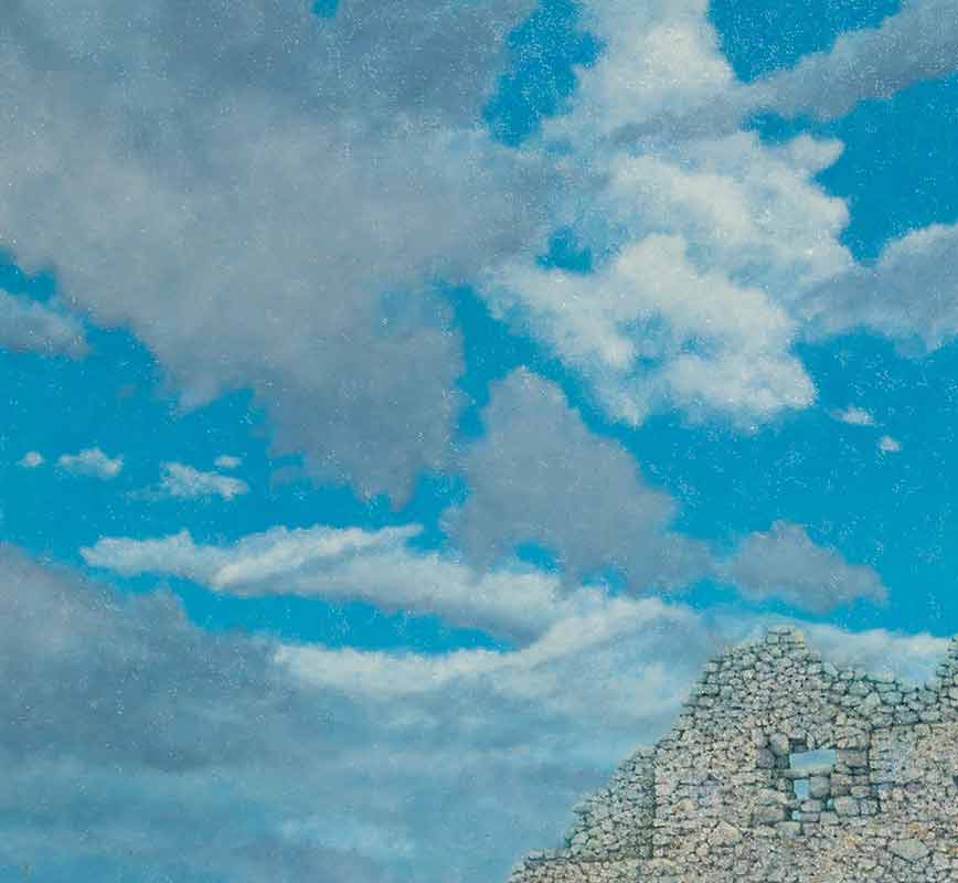 Detail of a Landscape painting of a ruined wall with pine tree. Title: Ruined Wall at Paliochora with Tree