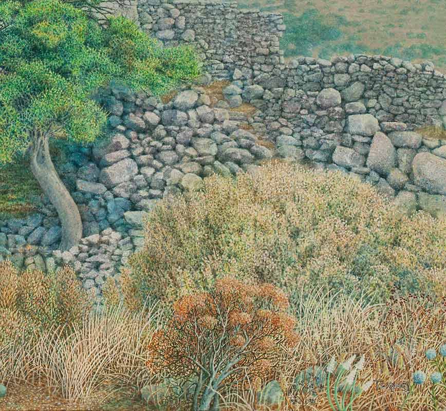 Detail of a Landscape painting of a ruined wall with pine tree. Title: Ruined Wall at Paliochora with Tree