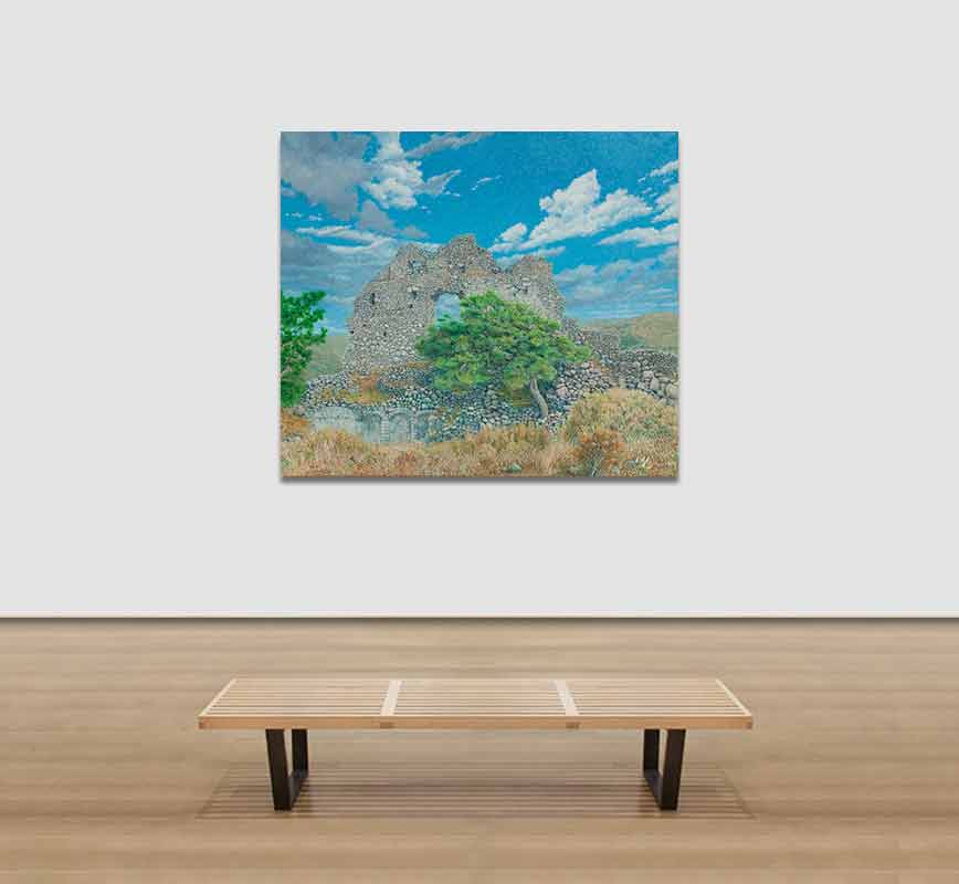 View in a Room Landscape painting of a ruined wall with pine tree. Title: Ruined Wall at Paliochora with Tree