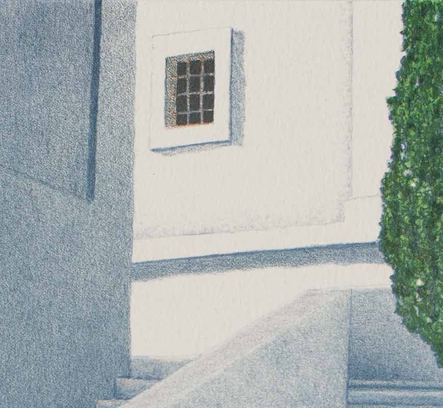Detail of a lithograph with stairwell and cypress tree. Title: Tower