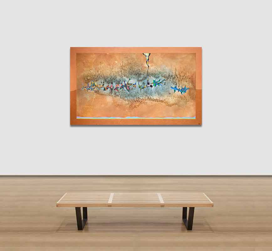 View in a Room of Abstract painting with reference to biology. Mainly earth colors with blue accents. Title: Floating on a Wavy Line