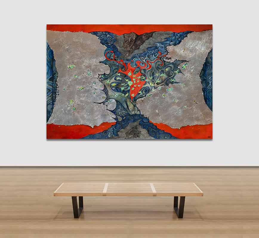 View in a Room of abstract painting with reference to geology and biology. Mainly red, blue and silver colors. Title: Phantasmagoria