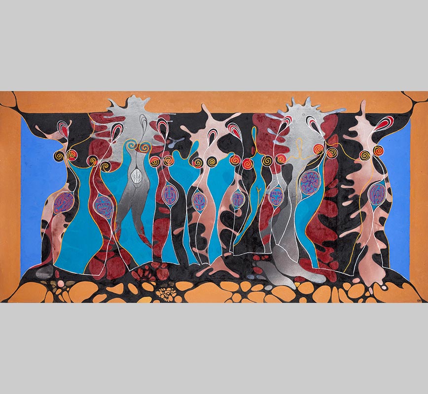 Figurative surrealism painting with dancing female figures. Mainly blue and red colors. Title: Nymphs, Shadows and Trees