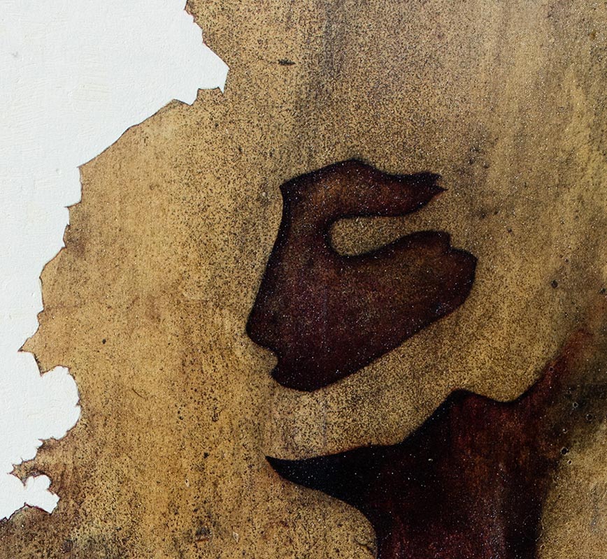 Detail of Figurative expressionism painting with dancing figure. Mainly brown colors. Title: Dance of Shiva