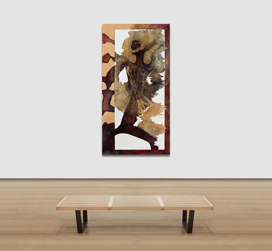 View in a Room of Figurative expressionism painting with dancing figure. Mainly brown colors. Title: Dance of Shiva