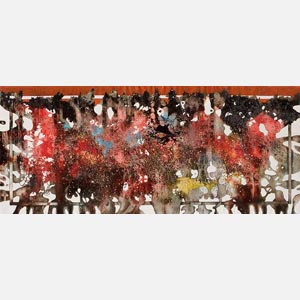Abstract expressionism painting with texture. Mainly brown and red colors. Title: Ghosts and Elves
