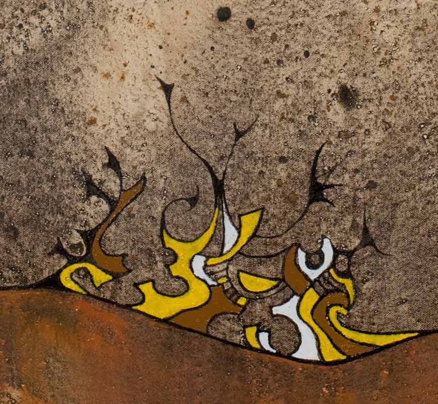 Detail of Abstract painting with reference to biology. Mainly yellow and brown colors. Title: Evocation