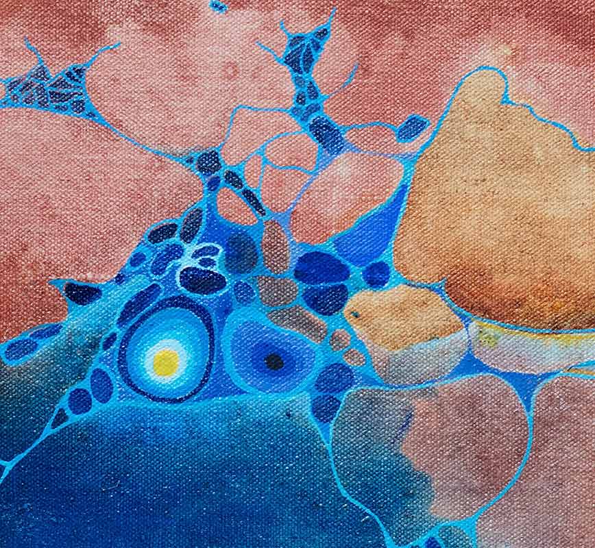 Detail of Abstract painting with reference to biology. Mainly orange and blue colors. Title: Mirage in Blue