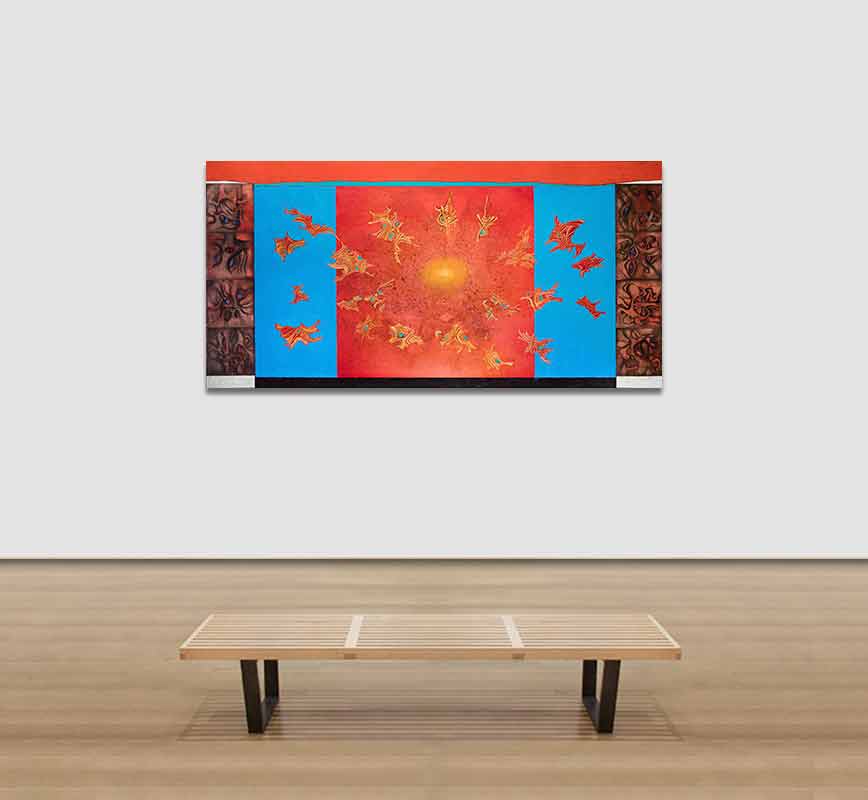View in a Room of Abstract painting with reference to geology and biology. Mainly blue and red colors. Title: A Journey in Time