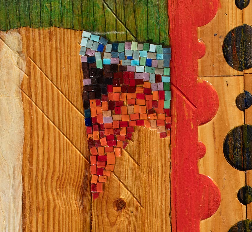 Detail of Abstract mixed media painting with mosaic tiles and wood. Title: Episodes on Wood