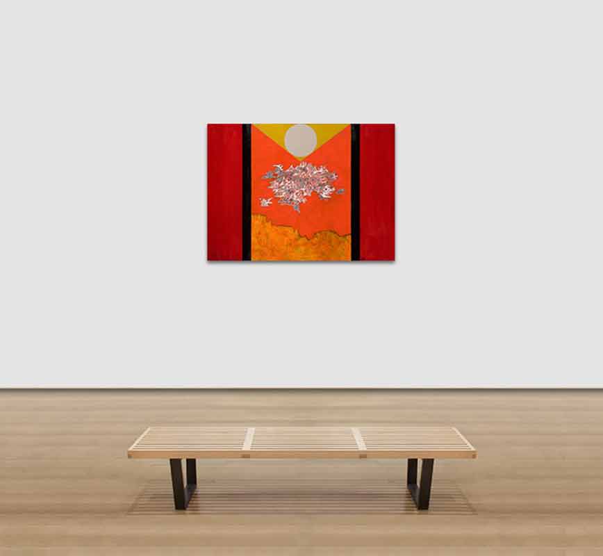 View in a Room of Abstract geometric painting with reference to China. Mainly red colors. Title: China Red