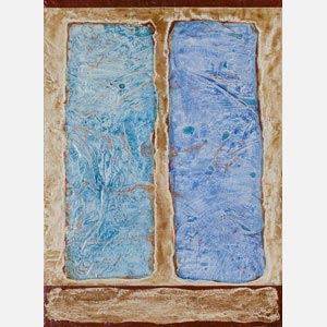 Abstract small format painting. Mainly blue and brown colors. Title: Spell of the Transparent Stone